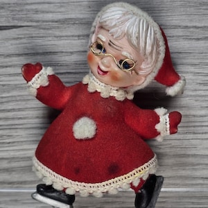 1960s Vintage Flocked Ice Skating Mrs Claus Plastic Christmas Decoration 4&quot; Tall