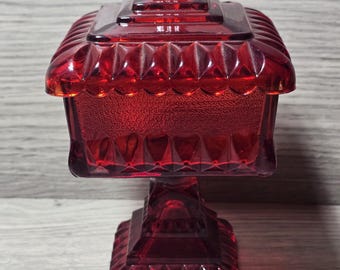Vintage Jeannette Ruby Red Flashed Pedestal Wedding Box Candy Dish - 6" Tall