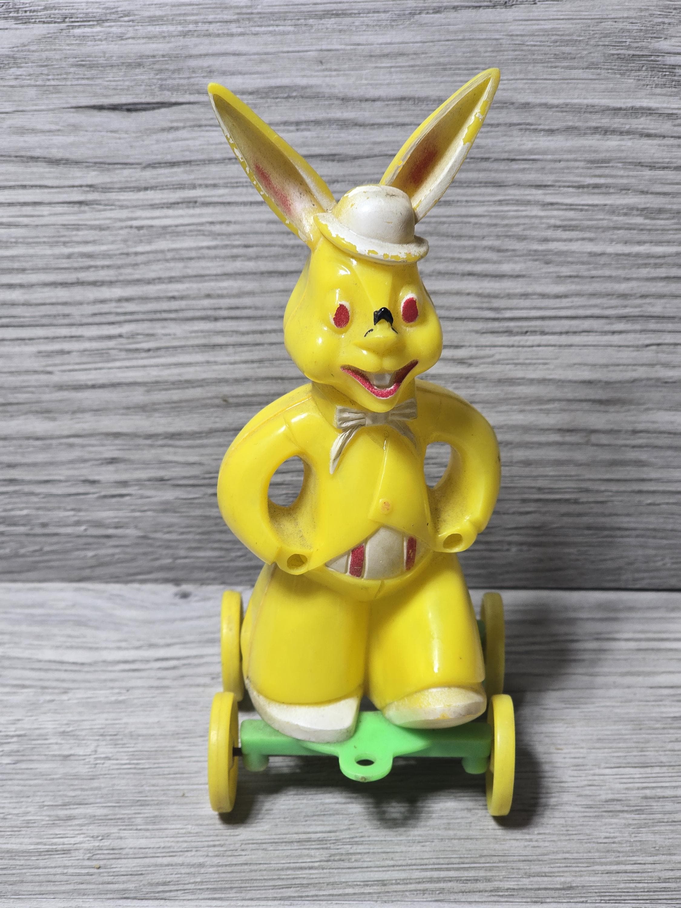 1950s Rosbro Yellow Easter Bunny on Wheels Hard Plastic 6.5” Pull