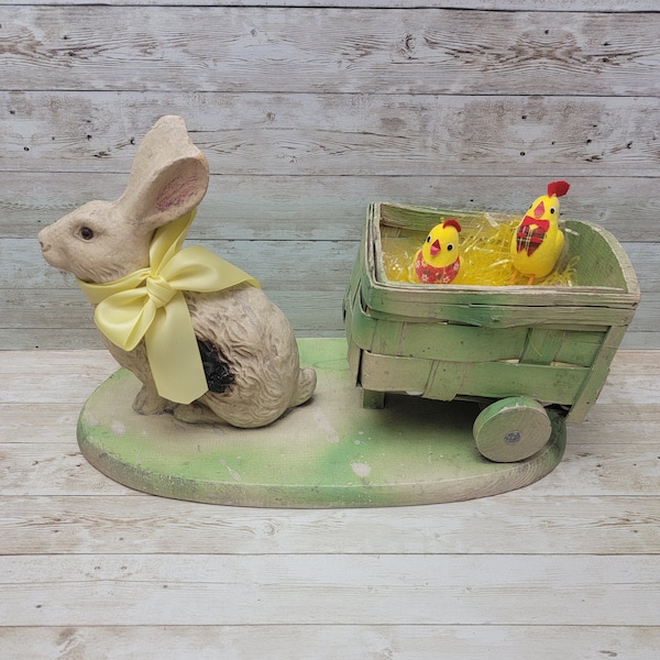 1940s LARGE Paper Mache Easter Bunny Rabbit w/ Folk Art Wood Cart Basket