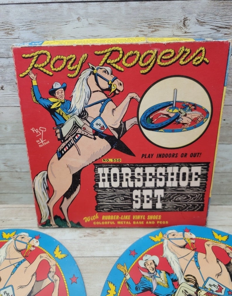 Roy Trigger Rearing 1950s Roy Rogers & Trigger Horseshoe Game Ohio Art Tin W/ Original Box ...