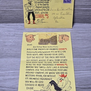 Perfume novedoso de 1953 Old West Corral n.° 5 Carta de recuerdo Humor de vaqueros RARO