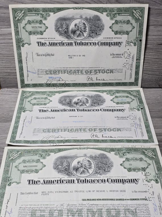 american tobacco company stock Certificate from 1960s American Tobacco Company with Indian