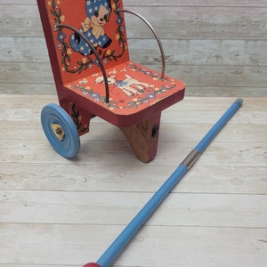 1920s RARE Gong Bell Wood Child Chair Pull Toy w/ Bear Dog Litho Graphics