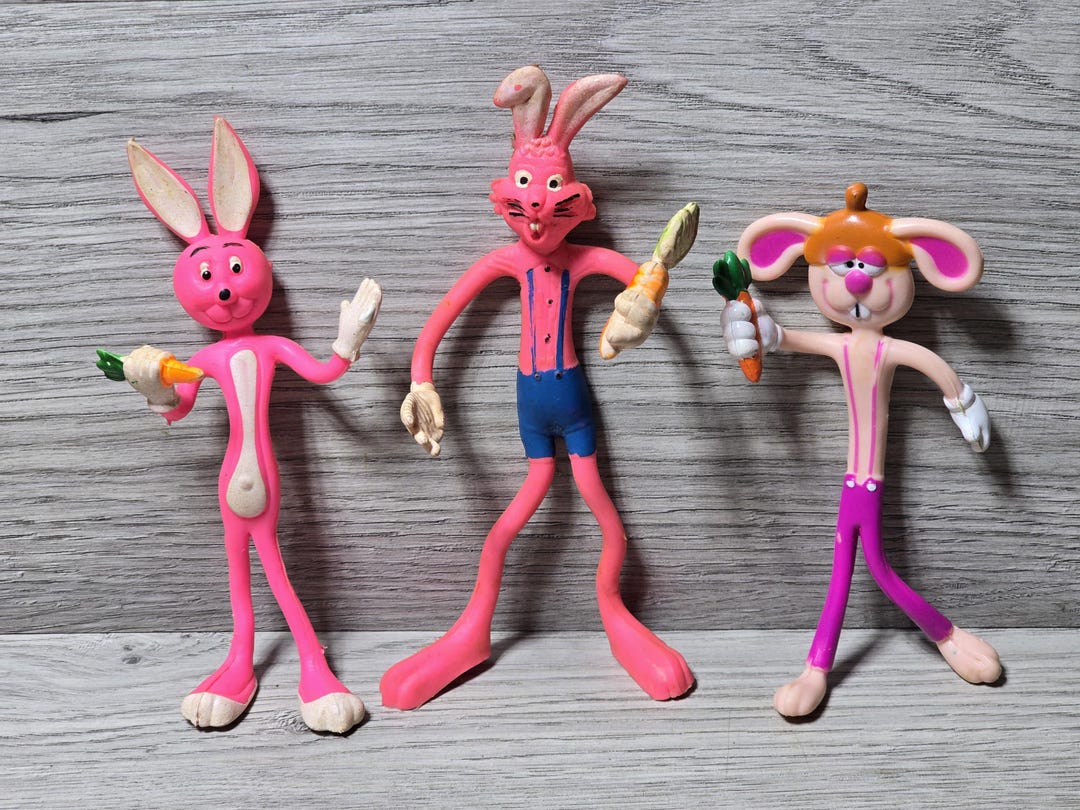 Vintage Bendable Bendy Wire Rubber Pink Rabbit Bunny Orange Carrot Lot ...