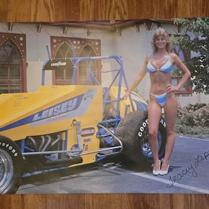 以下が含まれることがあります： 黄色と青のレーシングカーに「Leisey Racing」の文字が書かれている。青と白のビキニを着た女性が車の横に立っている。車はフロントにグッドイヤータイヤ、リアにファイアストンタイヤを装着している。女性は王冠を手に持ち、ポスターに「Tracey Jape」と署名している。