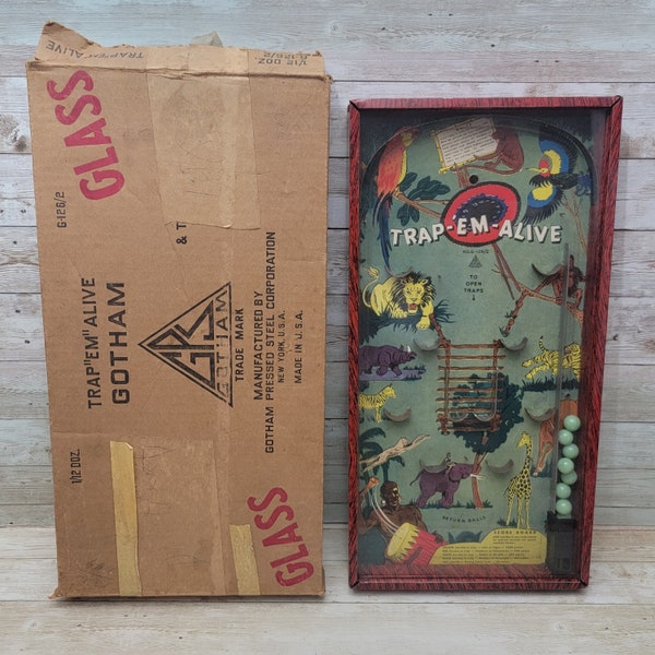 1936 Gotham Pressed Steel Trap-Em-Alive Tisch Top Flipper Spiel mit Original Box