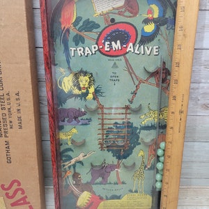 1936 Gotham Pressed Steel Trap-Em-Alive Tisch Top Flipper Spiel mit Original Box Bild 2