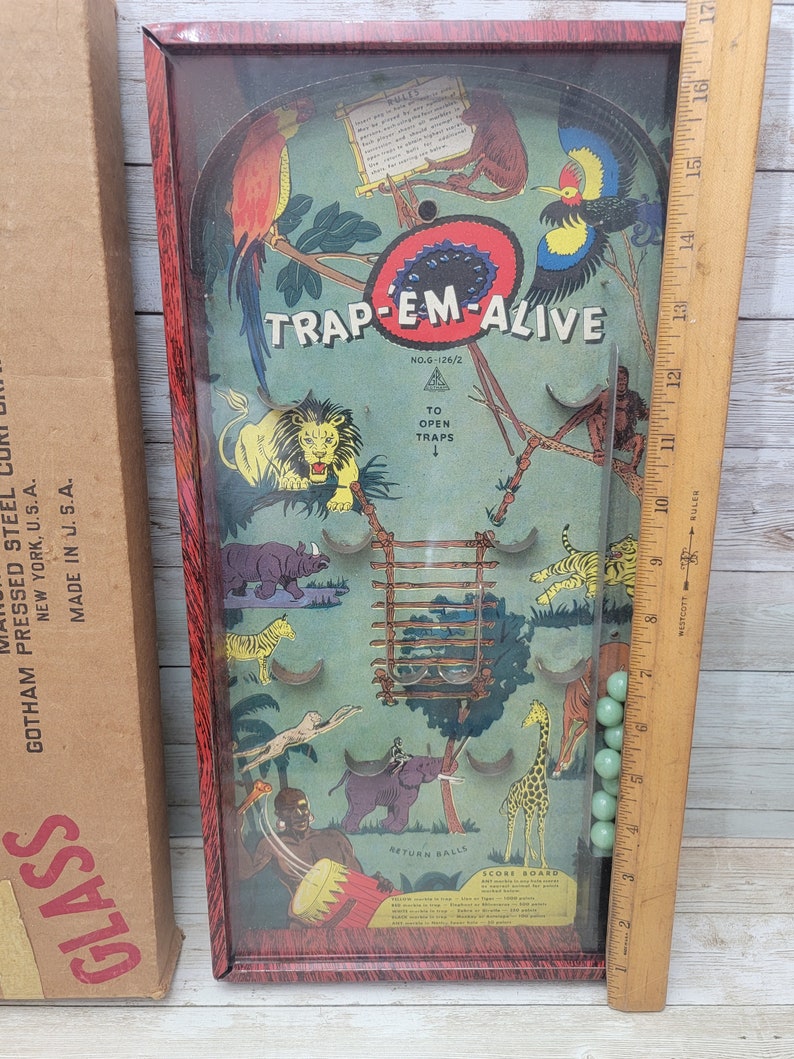 1936 Gotham Pressed Steel Trap-Em-Alive Tisch Top Flipper Spiel mit Original Box Bild 2