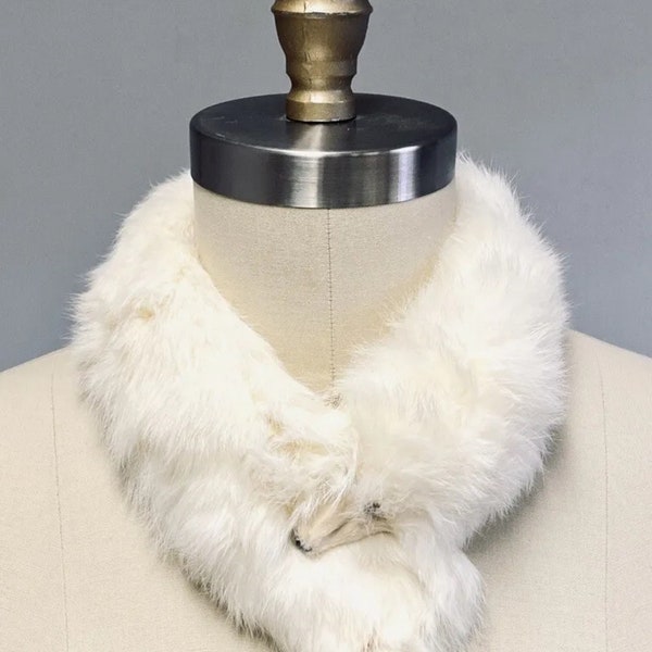 1950s Fur Neck Scarf Stole White Ivory Head Clip 17" Made In Japan