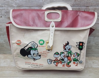 Mochila escolar de vinilo Walt Disney Mickey Mouse de la década de 1950 Pinocho Huey Dewey Louie