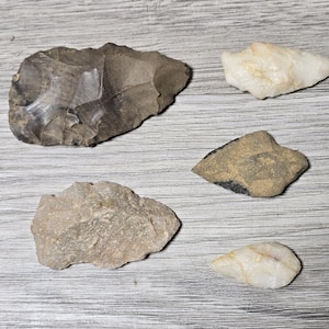 Peut inclure: Cinq artefacts en pierre taillés à la main, de formes irrégulières, dans des tons de gris, de beige et de blanc, sont disposés sur une surface claire à grain de bois gris. Les artefacts varient en taille et en texture.