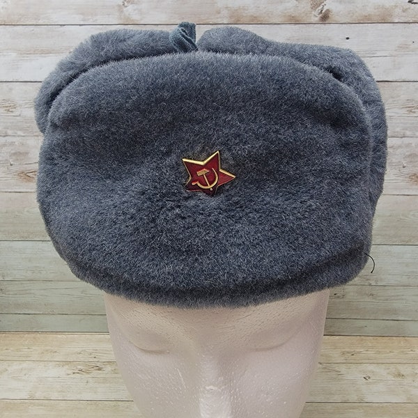 Vintage Russian USSR Soviet Union Military Winter Bomber Hat Size 54 w/ Pin