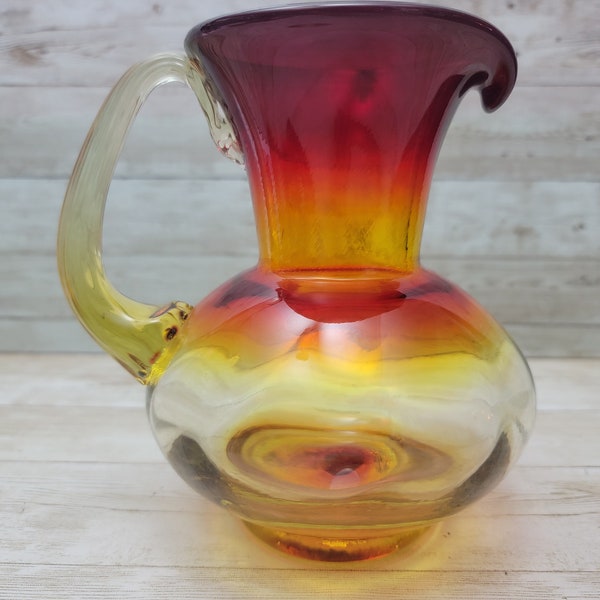 Vintage Blenko Hand-Blown Amberina Tangerine Glass Pitcher