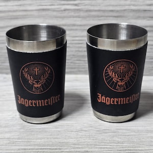 Set of 2 Jagermeister Shot Glasses Stainless Steel Faux Leather Wrapped