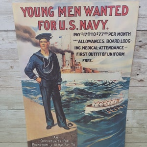 Póster de cartulina publicitaria de reclutamiento de la Marina militar de la Primera Guerra Mundial, 14 "x 10"