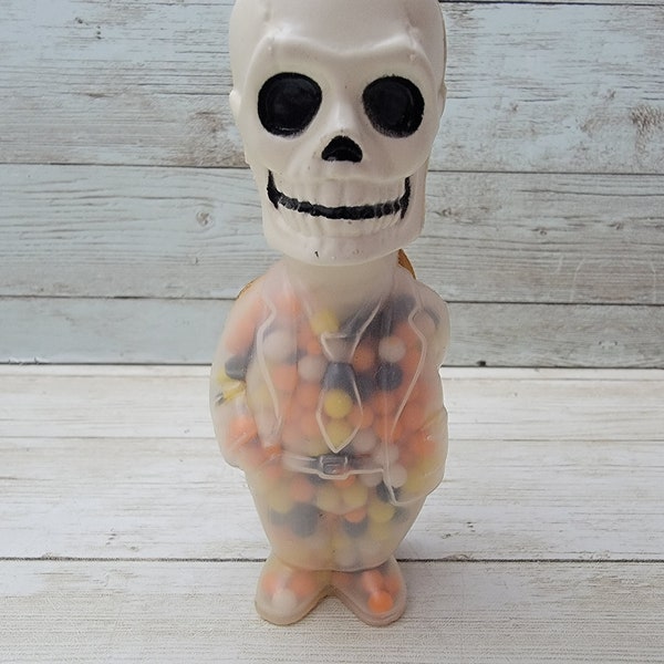 Vintage E. Rosen Halloween Skeleton Plastic Blowmold Candy Container w/ Candy