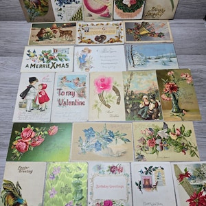 Lot de 24 cartes postales pour les fêtes des années 1900 - Timbres de 1 cent Noël Saint-Valentin