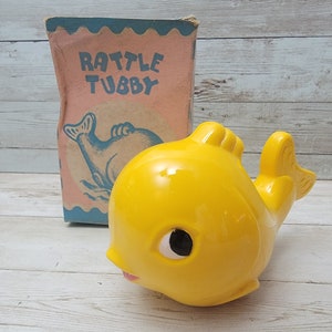 1940s Knickerbocker Baby Rattle Bathtub Whale Celluloid Plastic Toy w/ Box