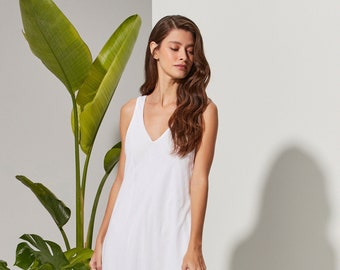 Sleeveless V-Neck Dress, White Midi Beach Dress, Summer Maxi Dress, White Cotton Summer Dress, Renaissance Medieval Dress