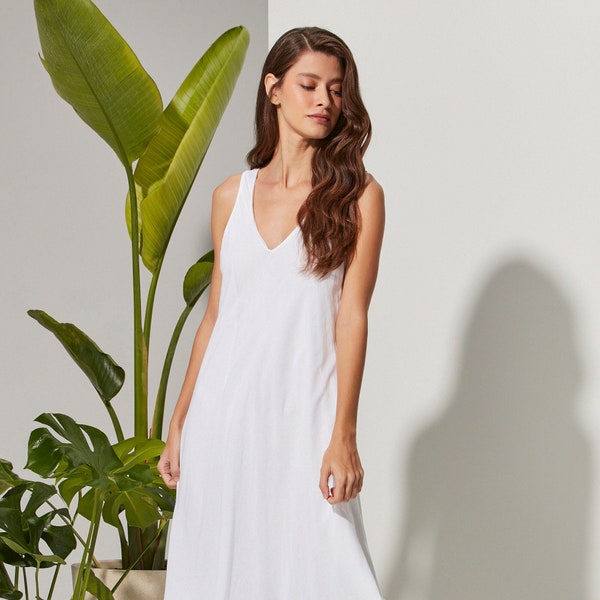 Robe bohème longue à col en V, robe de plage midi blanche, robe Maxi d'été, robe d'été en coton blanc, robe de vacances, robe médiévale