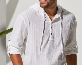 Sweat à capuche surdimensionné, pull blanc décontracté pour homme, pull boutonné à lacets, pull en coton pour homme.
