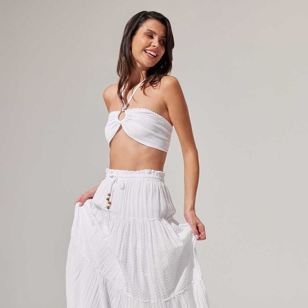 White Long Bohemian Skirt - Tiered Full Circle Maxi Skirt, Relaxed Fit Skirt, Tiered Midi Beach Skirt, Travel Skirt for Vacation