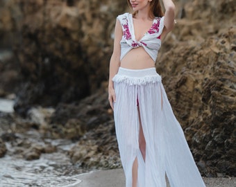 Pareo White Skirt, Long White Skirt, High Waist Tulle Skirt, Boho Long Skirt, Beach wear, Summer Skirt, White Cotton, Beach Skirt