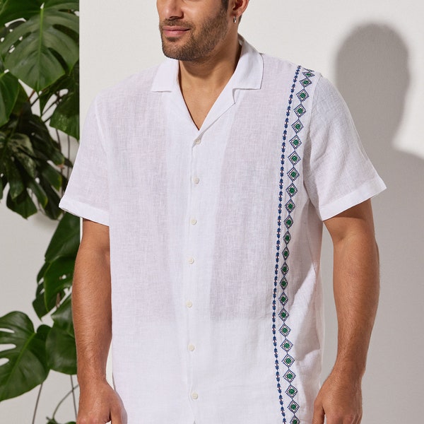 Embroidered Short Sleeve Men's Shirt, White Beach Shirt, White Casual Shirt, Men's Summer Shirt, Striped Guayabera Shirts, Beachwear for Men