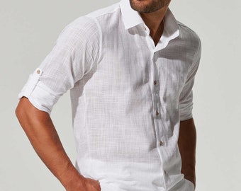 Mens Long Sleeve White Shirt, Slub Cotton Shirt, White Mens Shirt, Mens Casual Shirt, White Cotton Shirt, Beach Shirt, Plain White Shirt