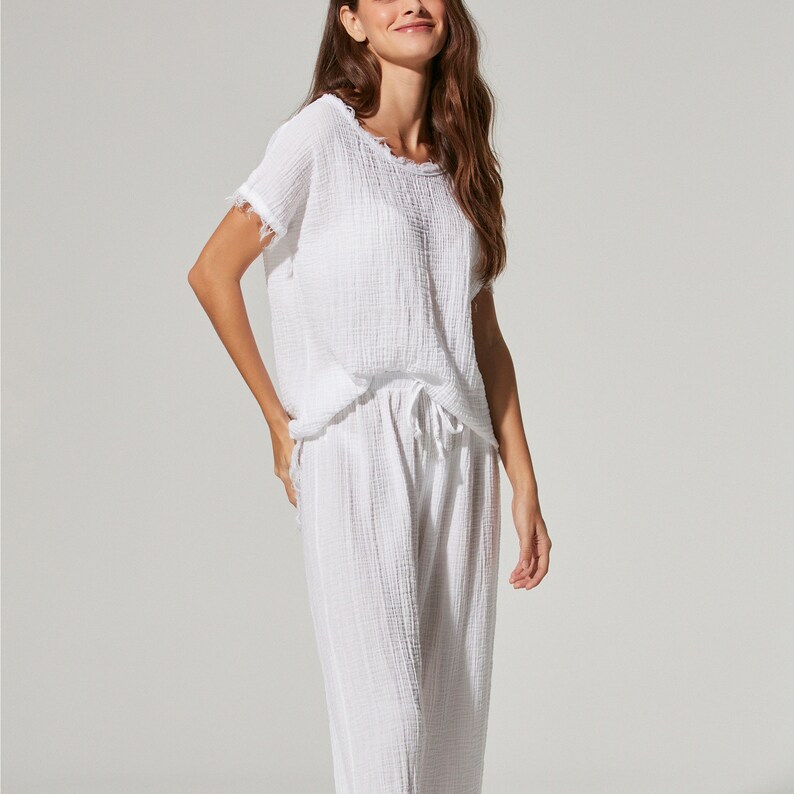 DoubleFace Relax White Trousers, White Beach Pants, Wide Leg Hippie Pants, Straight Cotton Pants, Wide Leg Casual Pants, Beach Wear image 1