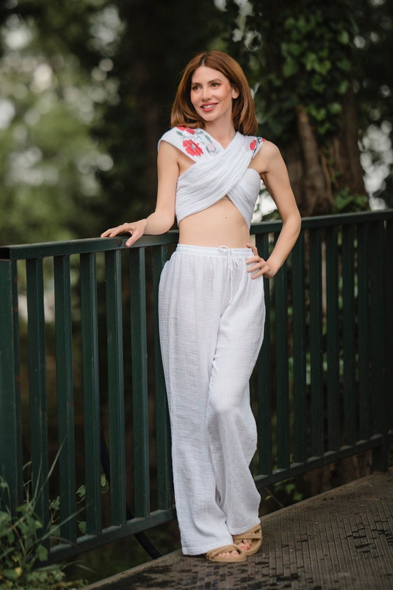 Doubleface Relax White Trousers, White Beach Pants, Wide Leg