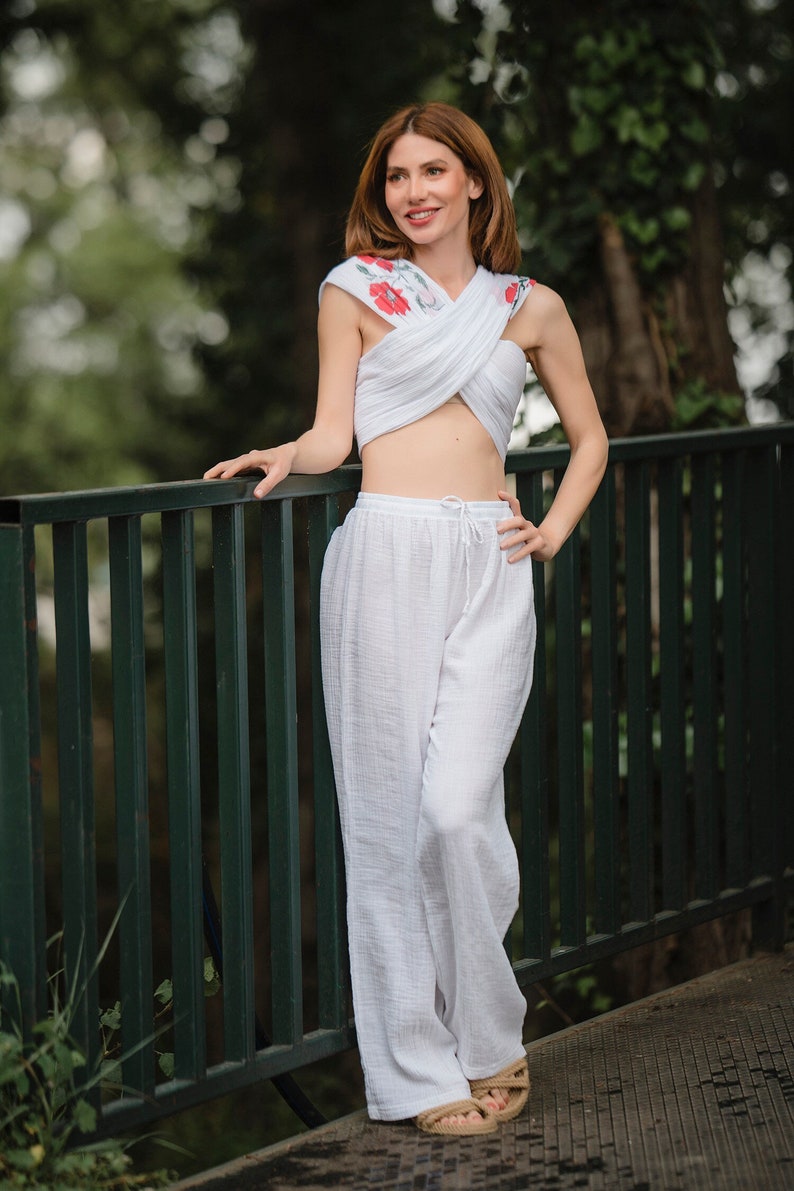 DoubleFace Relax White Trousers, White Beach Pants, Wide Leg Hippie Pants, Straight Cotton Pants, Wide Leg Casual Pants, Beach Wear image 2