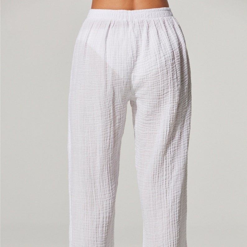 DoubleFace Relax White Trousers, White Beach Pants, Wide Leg Hippie Pants, Straight Cotton Pants, Wide Leg Casual Pants, Beach Wear image 8