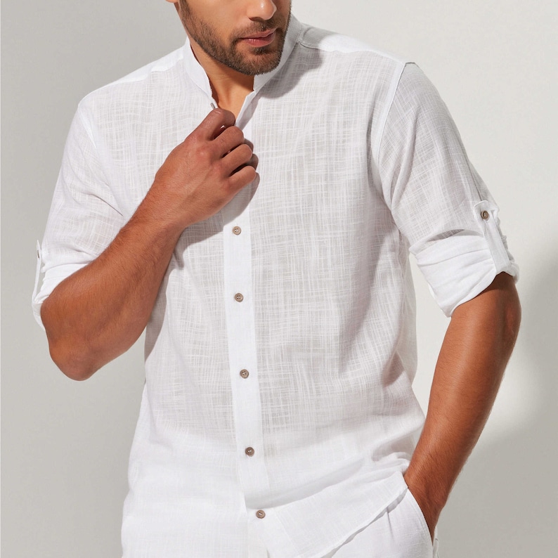 Judge Collar Long Sleeve Shirt, White Cotton Shirt, Button Up Shirt, Slim Casual Mens Top, Mens Summer Wear, V Neck Mens White Shirt image 1
