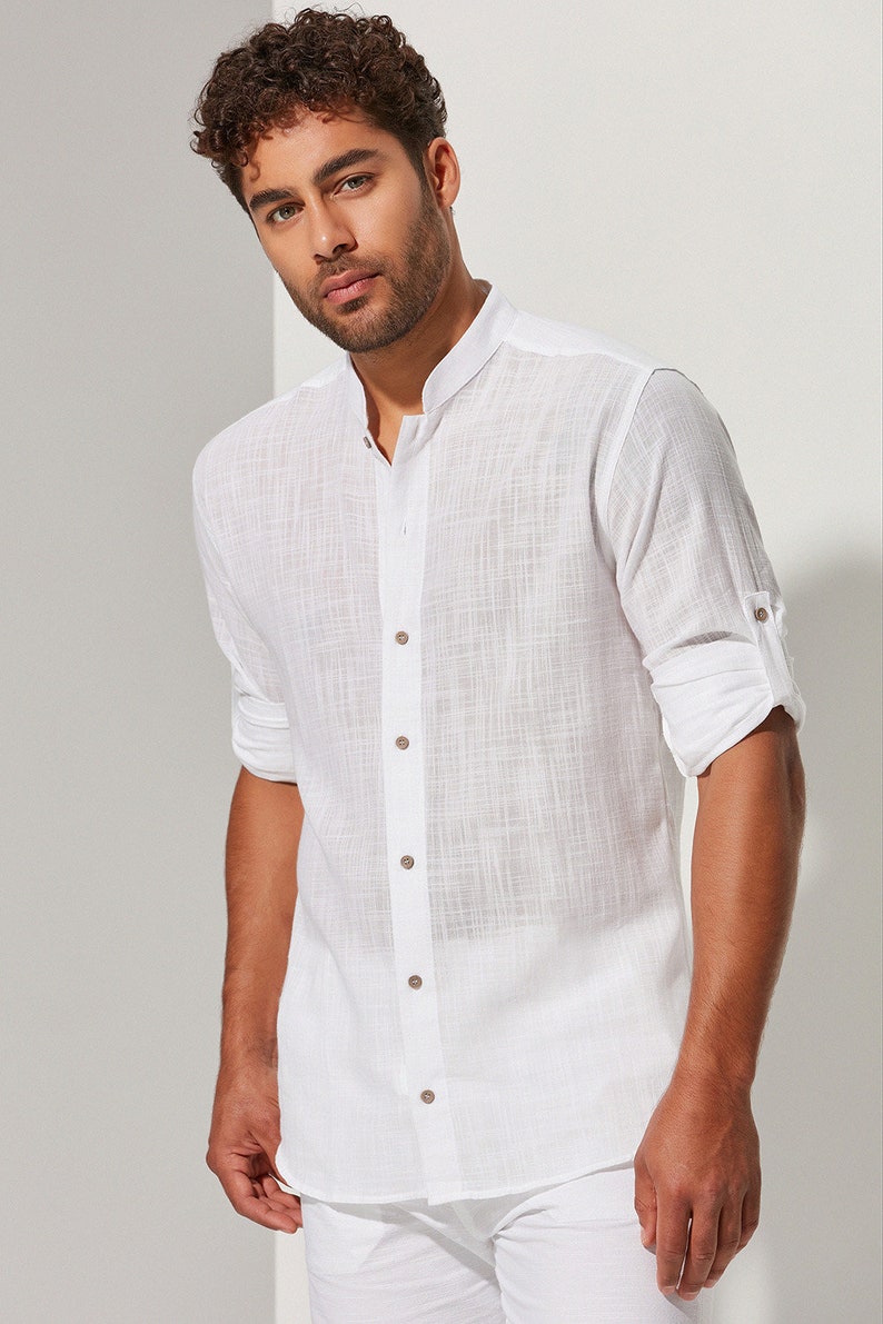 Judge Collar Long Sleeve Shirt, White Cotton Shirt, Button Up Shirt, Slim Casual Mens Top, Mens Summer Wear, V Neck Mens White Shirt image 5