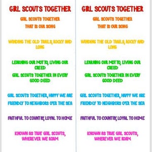 Puede incluir: Una hoja de canción imprimible de Girl Scouts con texto colorido y estrellas. La letra de la canción es "Girl Scouts Together, That is our song, Winding the old trails, rocky and long, Learning our motto, living our creed, Girl Scouts together in every good deed, Girl Scouts together, happy we are, Friendly to neighbours over the sea, Faithful to country, loyal to home, Known as true Girl Scouts, wherever we roam."