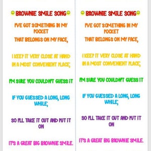 May include: A printable card with a song about a brownie smile. The song is written in colorful text on a white background. The card features a smiling face with hearts for eyes.