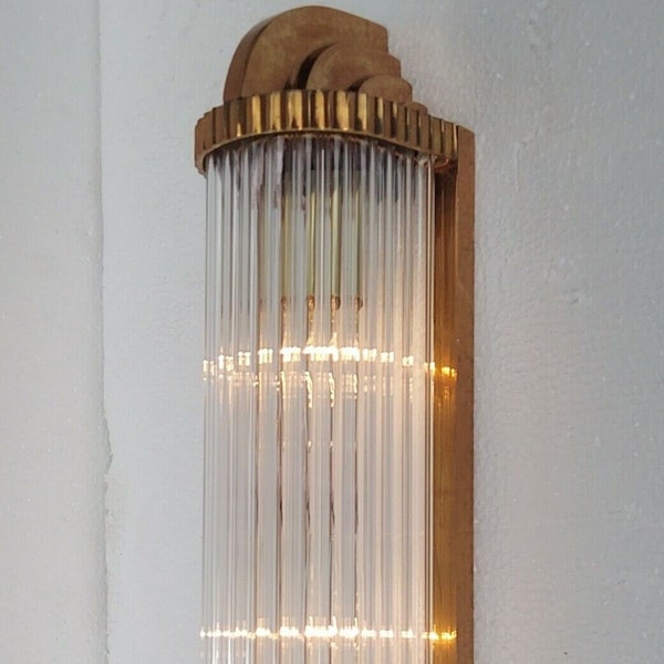 Pair Of Art Deco Brass & Glass Rod Ship Light Wall Sconces Lamp
