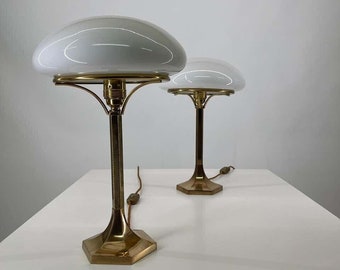 Set of 10 Vintage Art Deco Brass Table Lamps with Milk Glass Shades