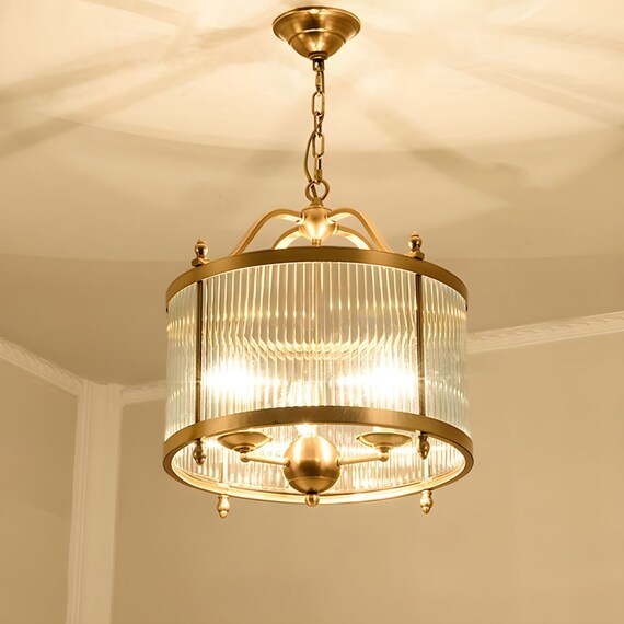Drum Chandelier Lighting Contemporary Fluted Glass Brass 3 Bulbs