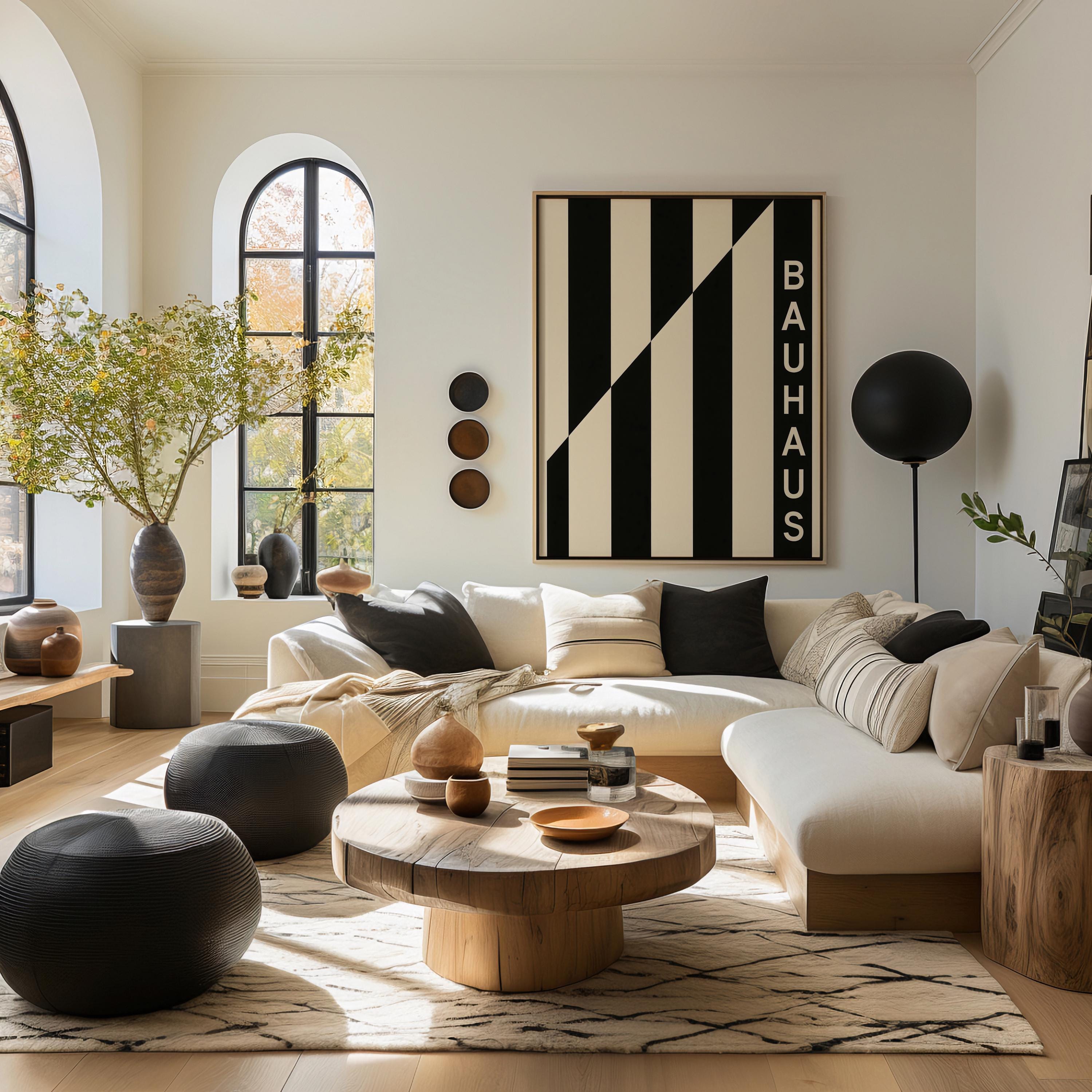 Mid-century Bauhaus Wall Art | Modern Diagonal Black and White (digital ...