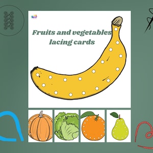 Ensemble de cartes de laçage de fruits et légumes, grand format, activité de motricité fine préscolaire, téléchargement immédiat