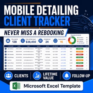 以下が含まれることがあります： モバイルディテーリングクライアントトラッカーのMicrosoft Excelテンプレート。総顧客数、生涯価値、フォローアップ状況を示すダッシュボードを備えています。スプレッドシートには、顧客名、電話番号、メールアドレス、車両、サービス履歴の列が表示されています。