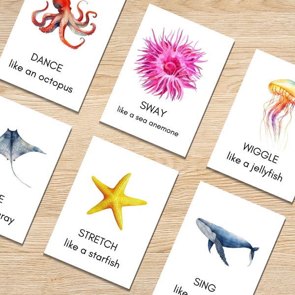 Ocean Animal Movement Cards, Gross Motor Movement Activity, Action Cards, Circle Time, Fitness Cards, Pre School Printables