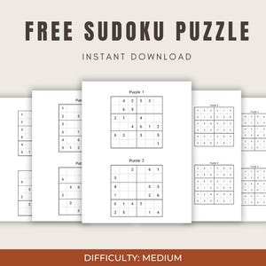 Puede incluir: Cinco rompecabezas de Sudoku imprimibles con un nivel de dificultad medio. Los rompecabezas est&aacute;n dispuestos en un formato de cuadr&iacute;cula con n&uacute;meros ya rellenados.