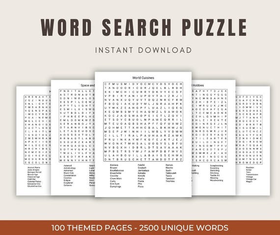 Themed Word Search Puzzle, 2500 Unique Word Search, Printable Puzzle, Relaxing Word Searches, Challenging Activities for Adults, PLR Puzzles