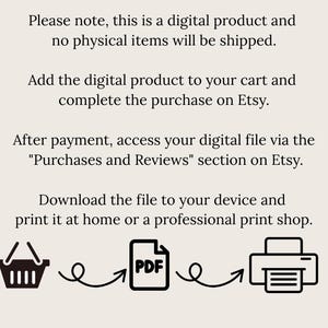 Puede incluir: Ilustraci&oacute;n que muestra c&oacute;mo comprar y descargar un producto digital. Un icono de carrito de compras lleva a un icono de PDF, que lleva a un icono de impresora. El texto dice: "Tenga en cuenta que este es un producto digital y no se enviar&aacute;n art&iacute;culos f&iacute;sicos. Agregue el producto digital a su carrito y complete la compra en Etsy. Despu&eacute;s del pago, acceda a su archivo digital a trav&eacute;s de la secci&oacute;n "Compras y rese&ntilde;as" en Etsy. Descargue el archivo a su dispositivo e impr&iacute;malo en casa o en una tienda de impresi&oacute;n profesional."