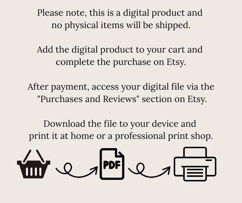 Puede incluir: Ilustraci&oacute;n que muestra c&oacute;mo comprar y descargar un producto digital. Un icono de carrito de compras lleva a un icono de PDF, que lleva a un icono de impresora. El texto dice: "Tenga en cuenta que este es un producto digital y no se enviar&aacute;n art&iacute;culos f&iacute;sicos. Agregue el producto digital a su carrito y complete la compra en Etsy. Despu&eacute;s del pago, acceda a su archivo digital a trav&eacute;s de la secci&oacute;n "Compras y rese&ntilde;as" en Etsy. Descargue el archivo a su dispositivo e impr&iacute;malo en casa o en una tienda de impresi&oacute;n profesional."