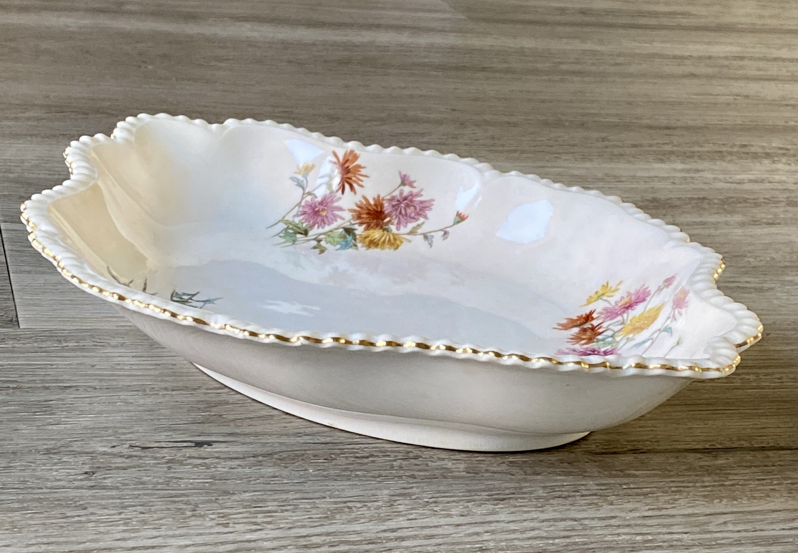 Antique Royal Worcester Ornate Shallow Bowl Chrysanthemum
